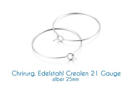 Chirurgische Edelstahl-Creolen silber 21 Gauge  Ø 15mm, 20mm, 25mm 25mm 10 Stück